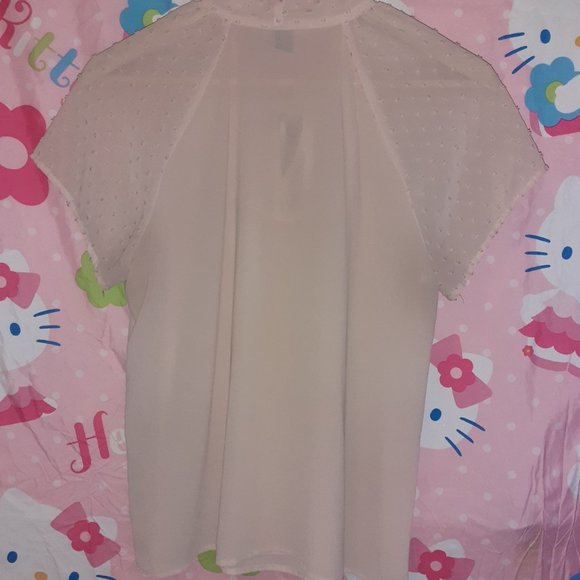 Baby Pink Sheer Short Sleeve Bow Tie Blouse (M) - Picture 3 of 3